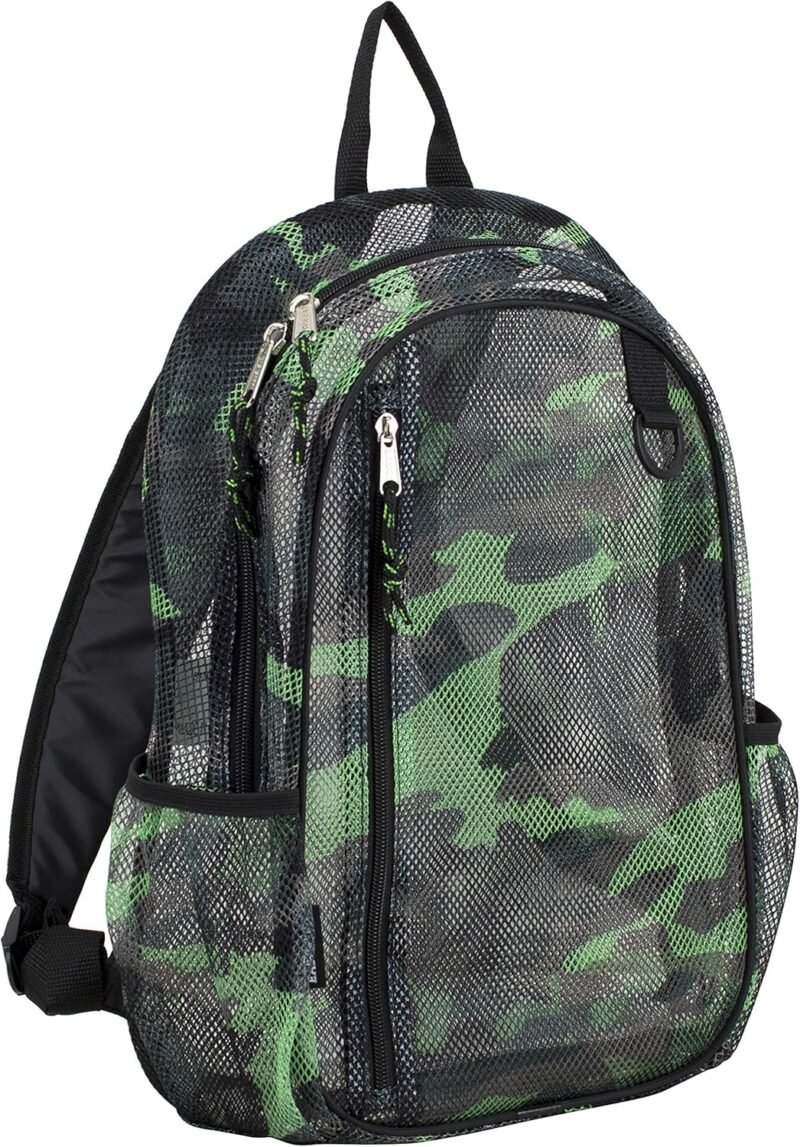 Eastsport Gym Mesh Backpack See Through Semi Transparent with Adjustable Straps for Work, Travel, Security, Swimming and Beach - Camo/Black