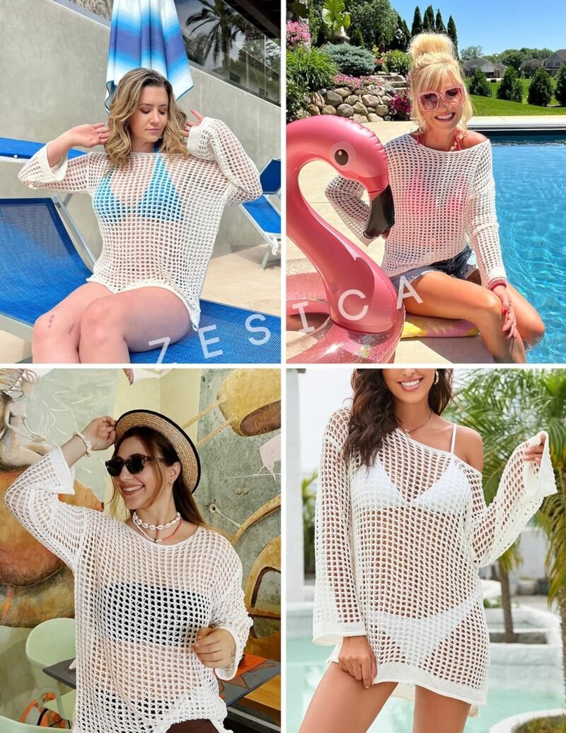 ZESICA Women's 2025 Summer Crochet Hollow Out Long Sleeve Beach Bikini Swimsuit Mesh Cover Up Tunic Top - Image 5