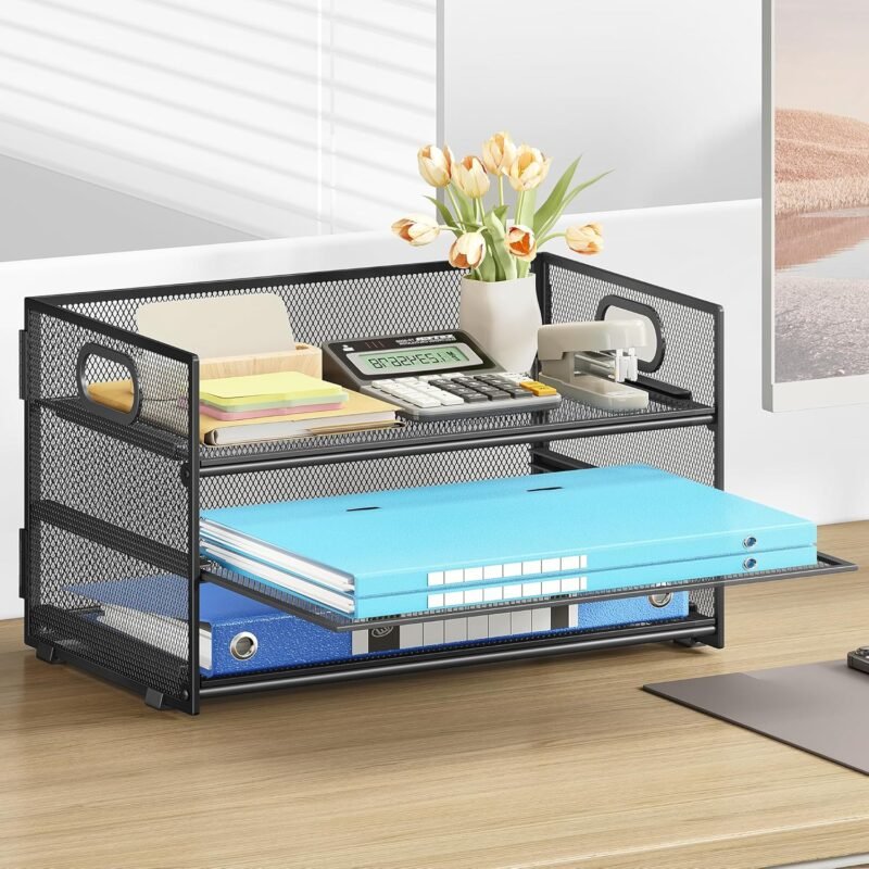 Subekyu 3 Tier Paper Letter Tray Organizer for Desk, Black Metal Mesh Desk File Folder Sorter Organizer with Handle and Sliding Tray for Home, Office, School Supplies Organization Storage - Image 3