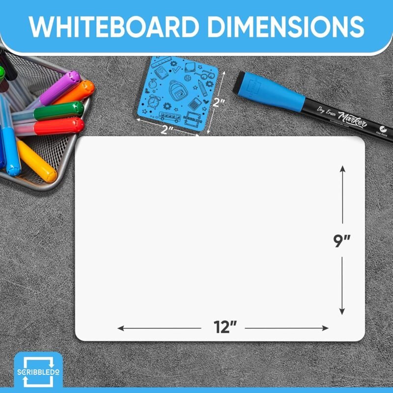 Scribbledo 12 Small White Board Dry Erase Boards Classroom Pack Mini White Boards 9"x12” Double Sided Personal Whiteboards for Students Teachers School Supplies Lapboards Mini Whiteboard Erasers Incl - Image 6