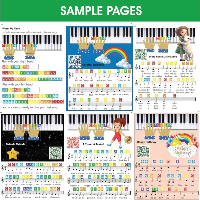 QMG Rainbow Color Piano and Keyboard Sticker and Kids Piano Learning Book Easy to Follow Instructions for Kids, Beginner Piano Book for Children, Easy Piano Sheet Music for Kids - Image 5