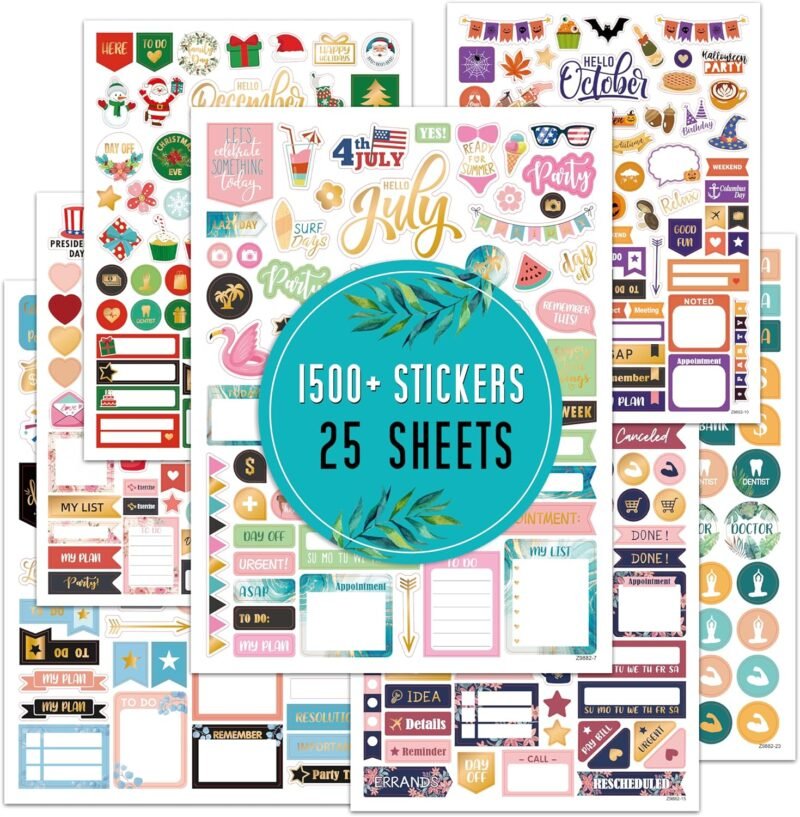 Planner Stickers - Monthly Planner Stickers and Accessories 25 Pages 1500 + Stunning Functional and Colorful Designs, Calendar Sticker Includes Festival Theme Journal Sticker