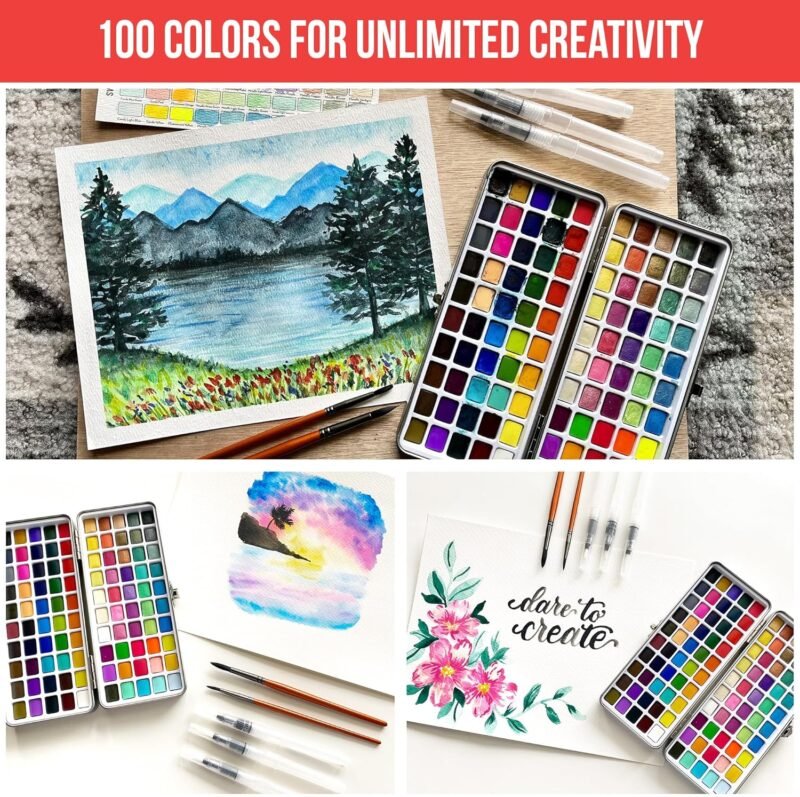 Watercolor Paint Set with 100 Bright Colors: for Adult Beginners & Professional with Metallic - Travel Sized Water Color Art Kit Palette - Image 2