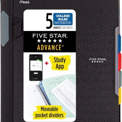 Five Star Advance Spiral Notebook + Study App, 5 Subject, College Ruled Paper, 8-1/2" x 11", 200 Sheets, Spiral Guard, Movable Tabbed Dividers, Black (73144)