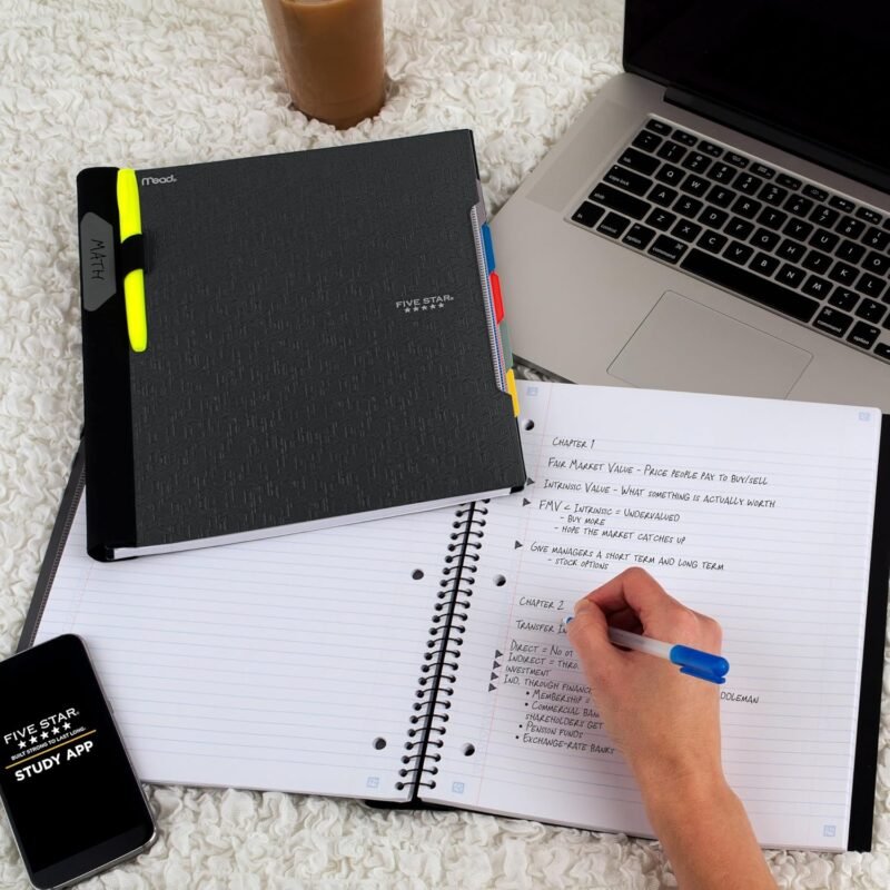 Five Star Advance Spiral Notebook + Study App, 5 Subject, College Ruled Paper, 8-1/2" x 11", 200 Sheets, Spiral Guard, Movable Tabbed Dividers, Black (73144) - Image 7