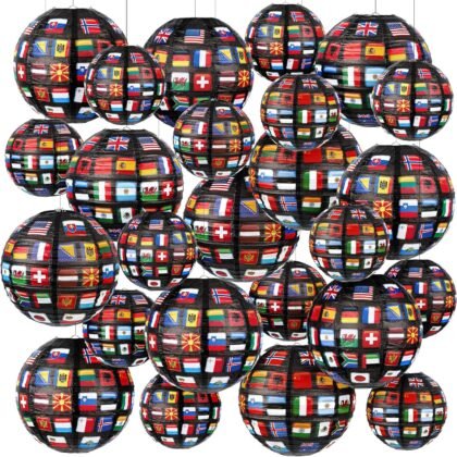 24 Pieces Flags of All Nations International Flags Paper Hanging Lanterns International World Party Hispanic Heritage Month Decorations Paper Lanterns for School Sports Event Decoration, 2 Sizes