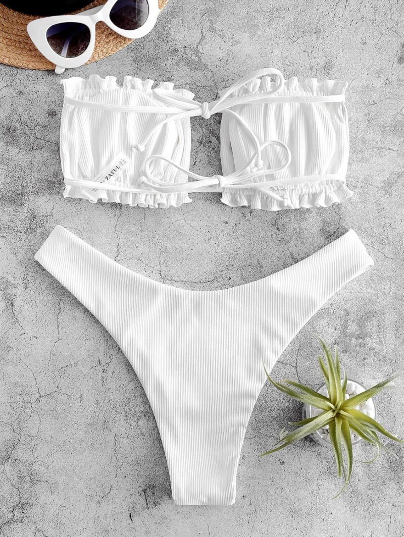 ZAFUL Women 2 Piece Strapless Bikini Swimsuits Ruffle Ribbed Self Tie Bandeau Bikini Set High Cut String Bathing Suits - Image 5