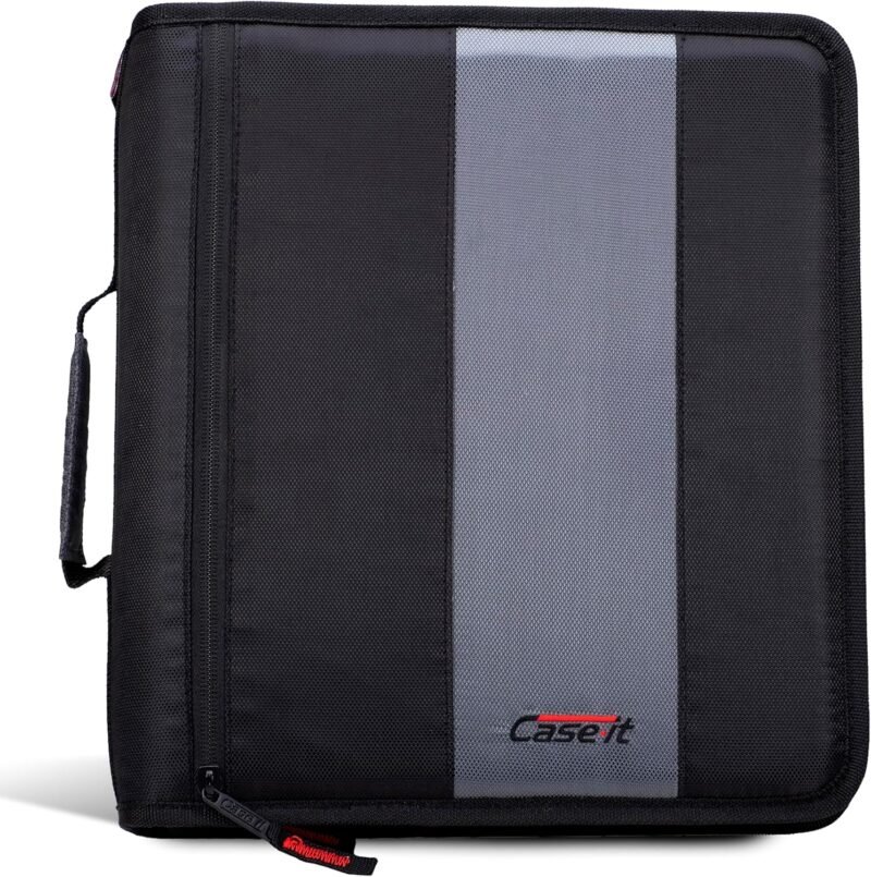 Case-it Classic Zipper Binder | 2-Inch O-Rings, 350 Sheet Capacity, Multiple Storage Pockets & Shoulder Strap | School & Office Organizer | D-251 Jet Black.