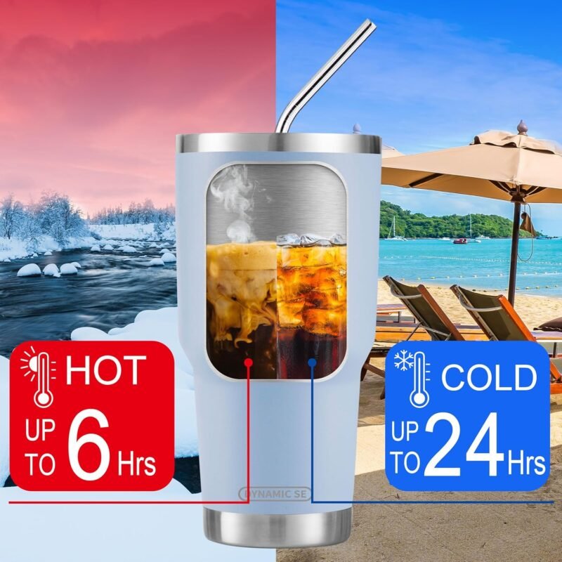D·S 30oz Blue Tumbler Stainless Steel Double Wall Vacuum Insulated Mug with Straw and Lid, Cleaning Brush for Cold and Hot Beverages - Image 4