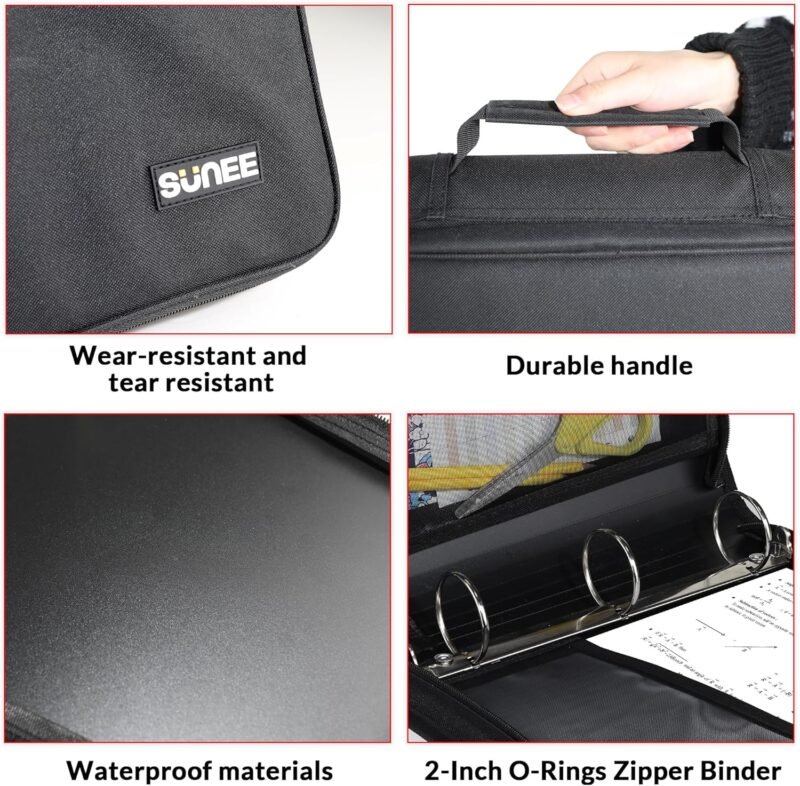 SUNEE Zippered Binder Bag with Handle, 2-Inch 3-Ring O-Ring, 500-Sheet Capacity, Includes Zip Pocket, 5-Tab Expanding File Folder, Multi-Pocket Organizer Binder Suitable for Middle School, Black - Image 5