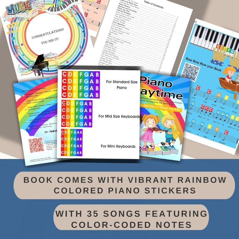 QMG Rainbow Color Piano and Keyboard Sticker and Kids Piano Learning Book Easy to Follow Instructions for Kids, Beginner Piano Book for Children, Easy Piano Sheet Music for Kids - Image 7
