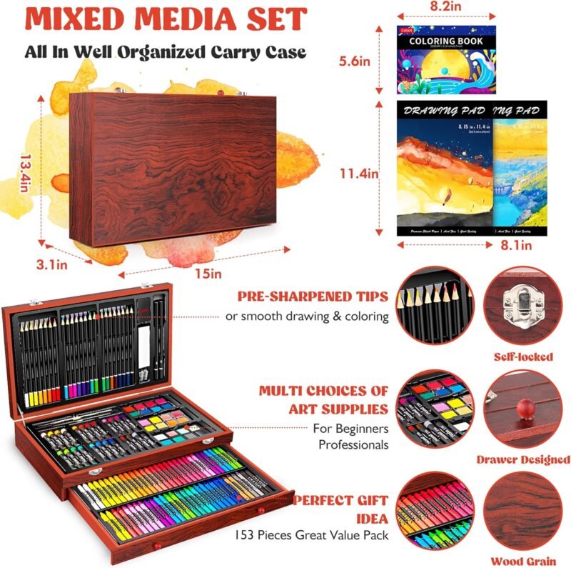 Caliart Art Supplies, 153-Pack Deluxe Wooden Art Set Crafts Drawing Painting Coloring Supplies Kit with 2 A4 Sketch Pads, Halloween Creative Gift Box for Adults Artist Beginners Kids Girls Boys - Image 3