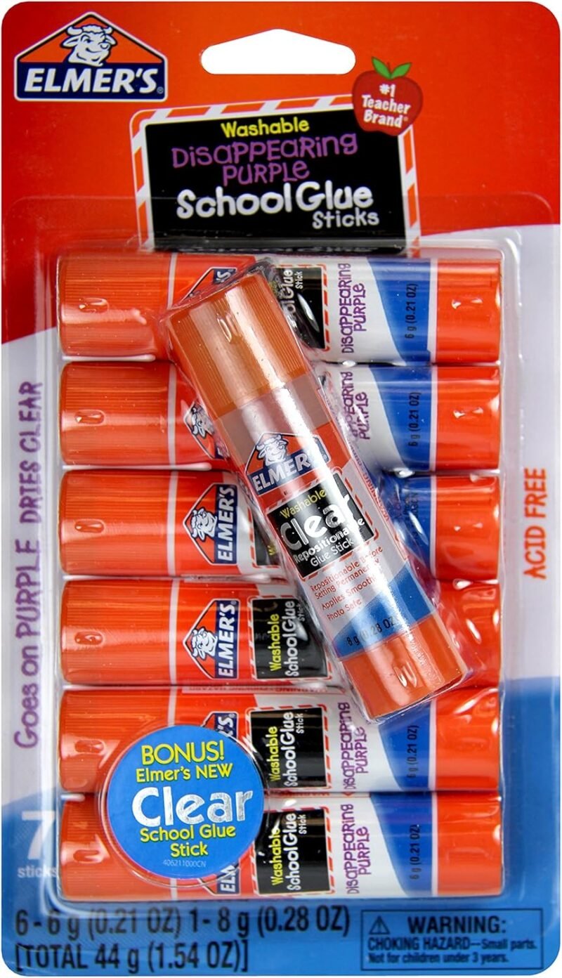 Elmer's Disappearing Purple (6g) and Clear Re-Stick School Glue Sticks (8g), Washable, 6 Grams, 7 Count