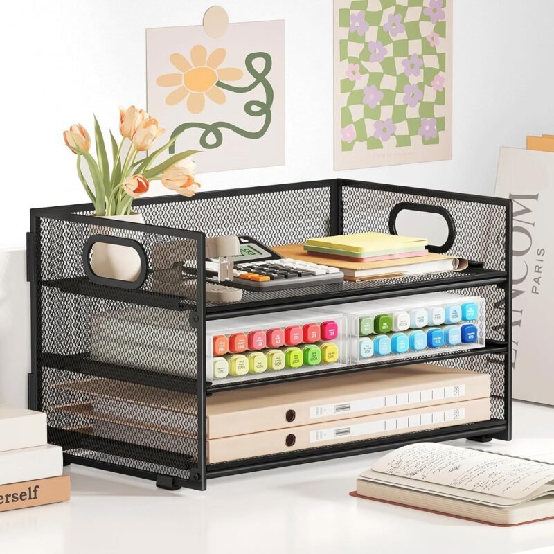 Subekyu 3 Tier Paper Letter Tray Organizer for Desk, Black Metal Mesh Desk File Folder Sorter Organizer with Handle and Sliding Tray for Home, Office, School Supplies Organization Storage - Image 5