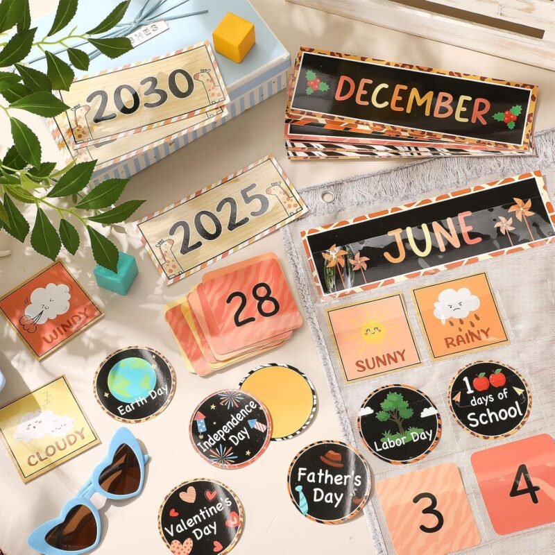Classroom Calendar Pocket Chart Set Calendar Bulletin Board Set Seasons Festival Weather Pocket Chart for Classroom Decoration Back to School Supplies(Boho Safari) - Image 5