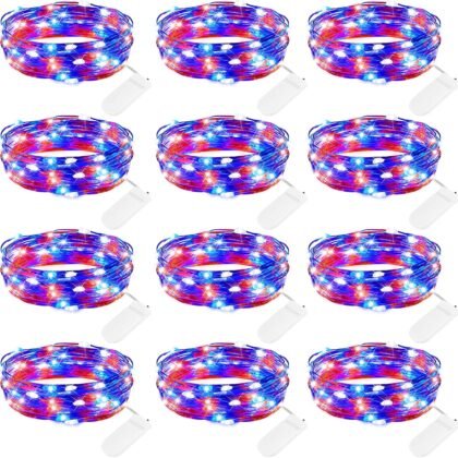 Brightown 4th of July Decor Patriotic Fairy Lights, 7 FT. Silver Wire Red White Blue String Lights, Firefly Starry Moon Lights, Micro LED Mini Fairy Lights for Jars DIY Picture Wedding