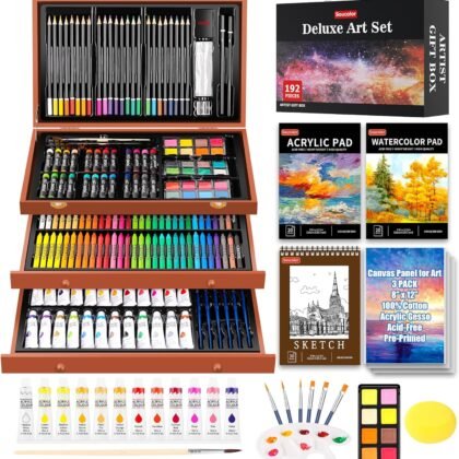 Soucolor Arts and Crafts for Kids Ages 8-12, 192-Pack Deluxe Art Set Coloring Drawing Painting Supplies Art Kit with Acrylic Pad, Watercolor Pad, Sketch Book, Canvases, Acrylic Paint, Crayons, Pencils