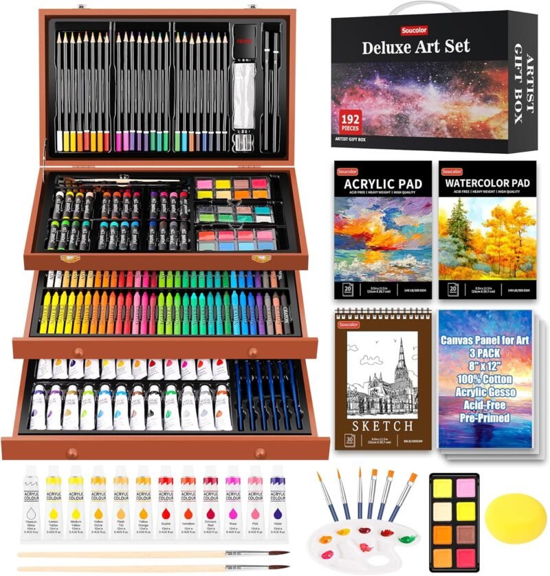 Soucolor Arts and Crafts for Kids Ages 8-12, 192-Pack Deluxe Art Set Coloring Drawing Painting Supplies Art Kit with Acrylic Pad, Watercolor Pad, Sketch Book, Canvases, Acrylic Paint, Crayons, Pencils