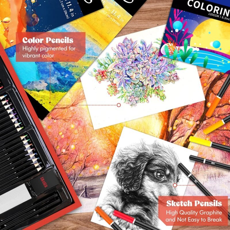 Caliart Art Supplies, 153-Pack Deluxe Wooden Art Set Crafts Drawing Painting Coloring Supplies Kit with 2 A4 Sketch Pads, Halloween Creative Gift Box for Adults Artist Beginners Kids Girls Boys - Image 5