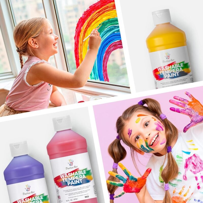 Positive Art Washable Paint for Kids – (8 Colors, 16 oz Each) Made in USA, Non-Toxic Tempera Paint Set – Bulk Classroom Paints for Students, Finger Painting, School Use – 8 Pack - Image 5