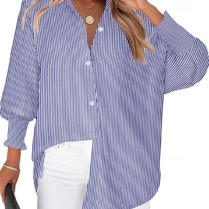 Zeagoo Womens Button Down Shirts Loose Fit Striped Printed Lantern Long Sleeve Blouses Smocked Cuff Business Work Fall Tops
