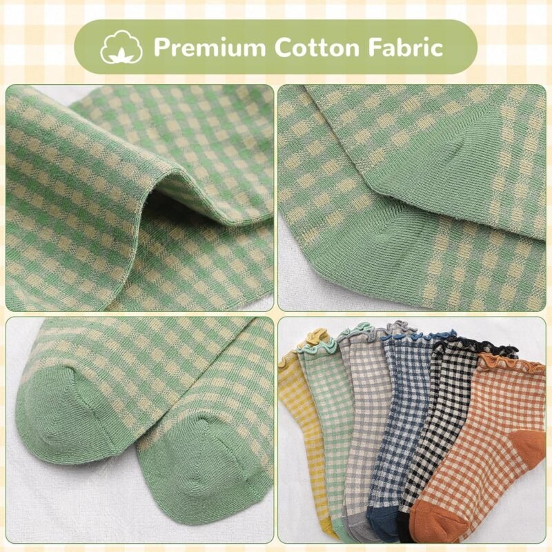 6 Pairs Women Ruffle Socks Striped Frilly Socks, Women Cute Socks Checkered Socks Ankle Socks for Women Cotton Knit Casual Crew Socks Size 5-9, Medium - Image 3