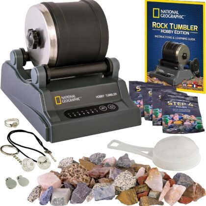National Geographic Rock Tumbler Kit – Hobby Edition Includes Rough Gemstones, and 4 Polishing Grits, Great STEM Science Kit for Geology Enthusiasts, Rock Polisher for Kids and Adults