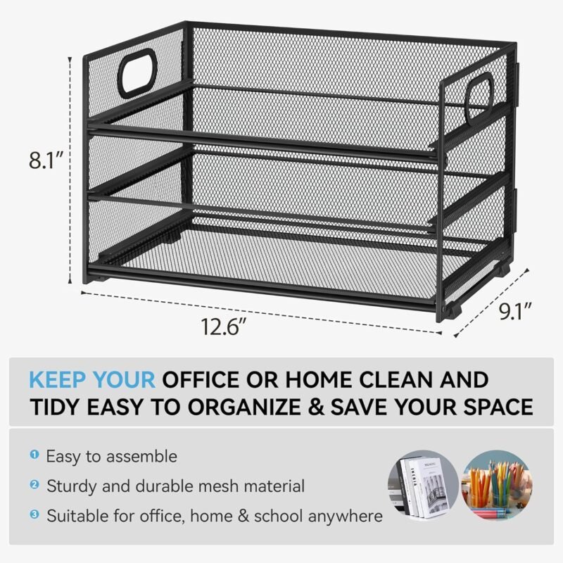 Subekyu 3 Tier Paper Letter Tray Organizer for Desk, Black Metal Mesh Desk File Folder Sorter Organizer with Handle and Sliding Tray for Home, Office, School Supplies Organization Storage - Image 2