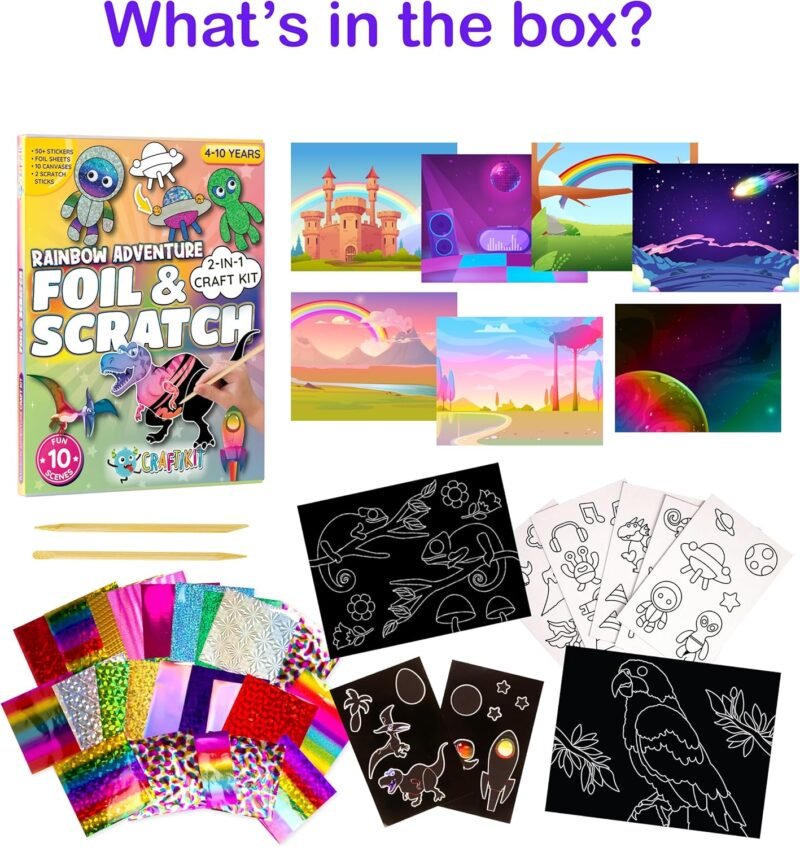 Craftikit ® Rainbow Adventure Foil Art & Scratch Art for Kids- 2-in-1 Arts and Crafts Kit for Kids Ages 4-10 - Rainbow Crafts for Boys Ages 4, 5, 6, 7, 8, 9, 10 - Image 7