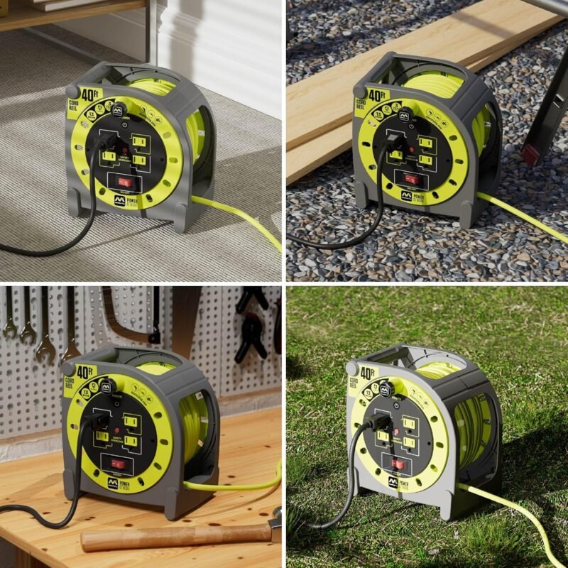 40ft Case Cord Reel, Retractable Extension Lead with Winding Handle, Safety Overload Circuit Breaker and Power Switch, 4X Grounded Outlets, 13amps, 14AWG Cable - Image 6