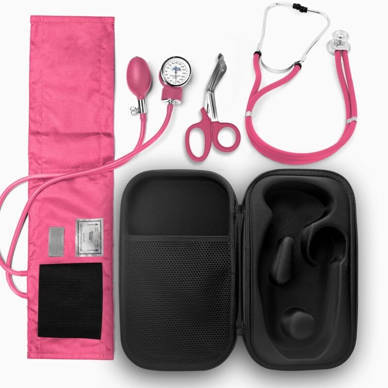 ASA TECHMED Medical Starter Kit - Stethoscope, Durable Blood Pressure Monitor, and EMT Shears and Protective Carrying Case Ideal for Healthcare Professionals, Pink - Image 2