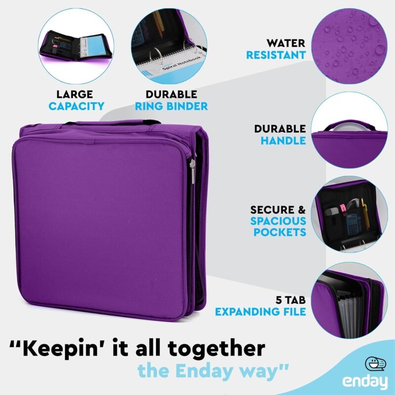 Enday 2 Inch Zipper Binder - 880 Sheet Capacity, 5 Pockets, Expanding File Folder with Durable Handle, Multiple Pockets School Binder Organizer, Purple - Image 3