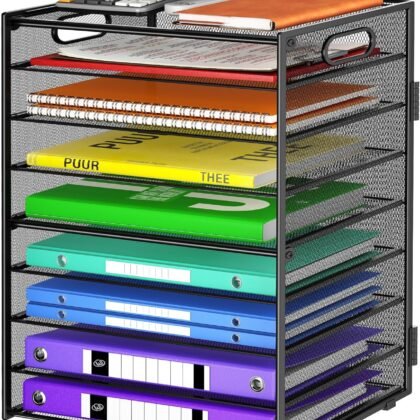 9 Tier Paper Organizer with Handle, Large Capacity Desk Organizer Mesh File Folder Letter Paper Tray Desktop Document Sorter for Classroom, School, and Office Accessories Organization- Black
