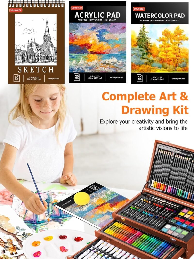 Soucolor Arts and Crafts for Kids Ages 8-12, 192-Pack Deluxe Art Set Coloring Drawing Painting Supplies Art Kit with Acrylic Pad, Watercolor Pad, Sketch Book, Canvases, Acrylic Paint, Crayons, Pencils - Image 6