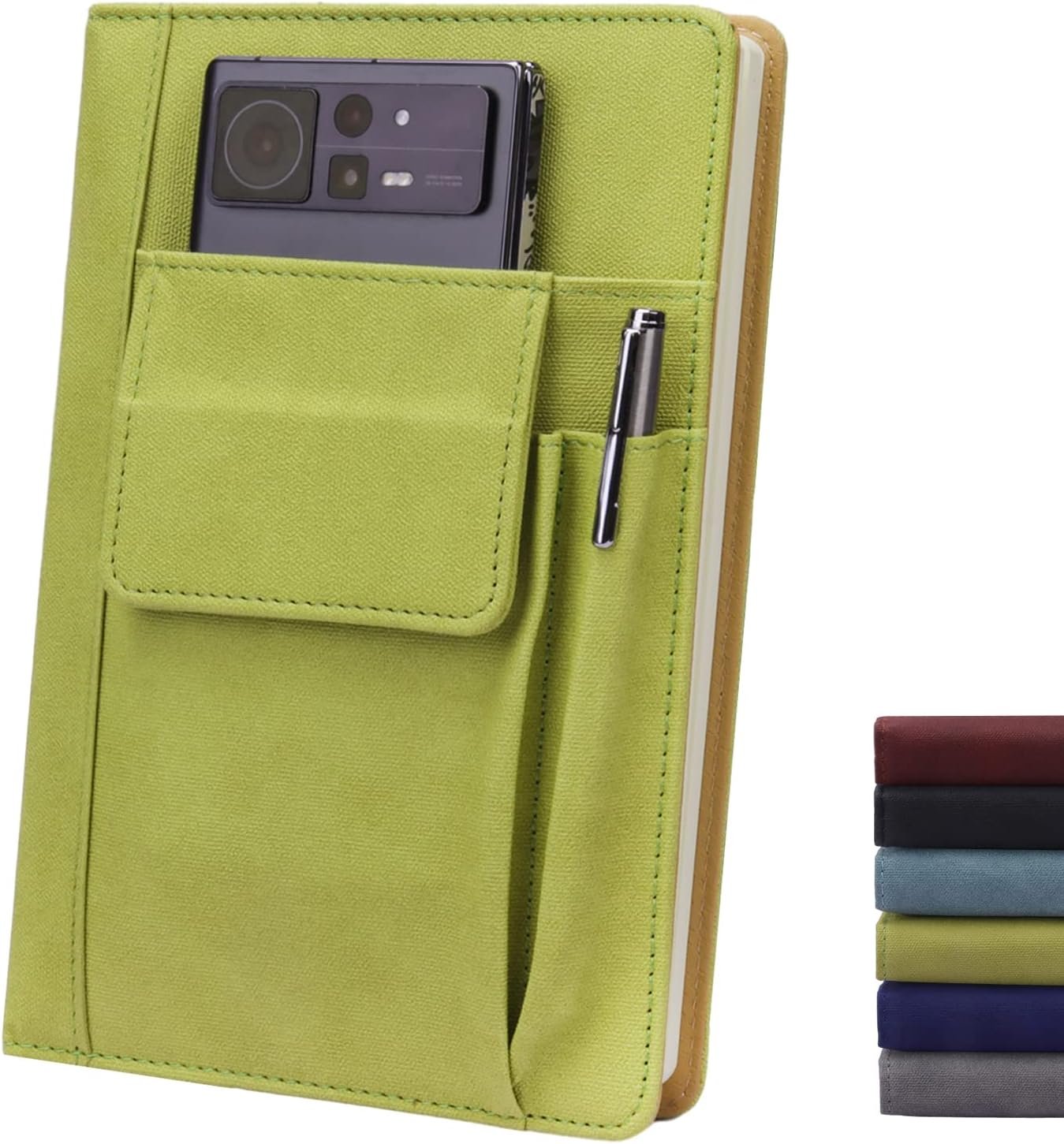 Refillable Lined PU Leather Journal Notebook, A5 Size Journal for Women Men,100gsm 200 Pages Thick Paper Notebooks with Pockets, Daily Premium Notebook for Note Taking, Meeting (green)