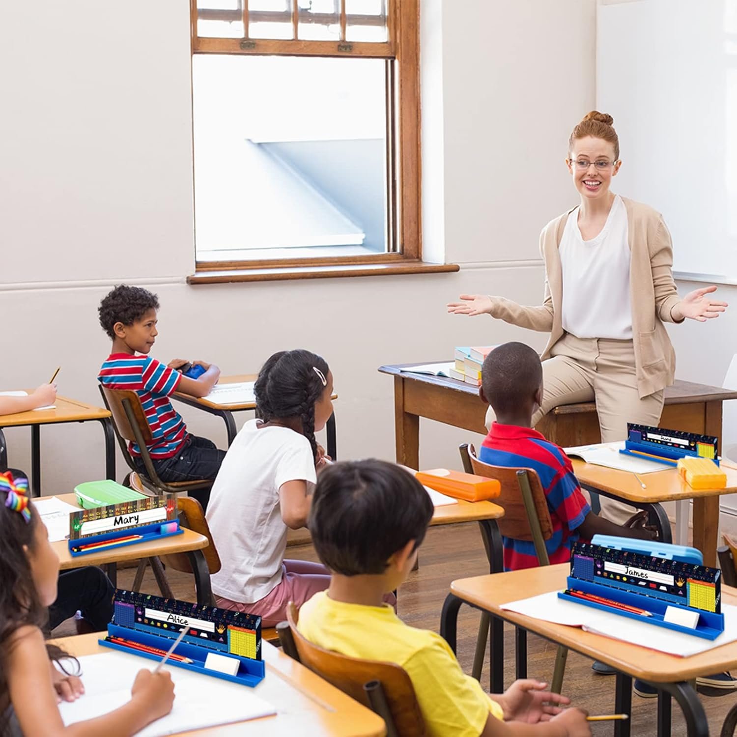 PerKoop 10 Pcs Classroom Desk Name Plates Holder for Student Index Cards Storage Kids Desk Accessories Desktop Helper Prop and Station Guard Panels Organizer Water Bottle Holder - Image 4