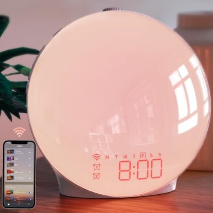 MOMILLA Smart Sunrise Alarm Clock, White Noise Sound Machine Wake-up Light with App Control, FM Radio, Sunset Night Light, Dual Alarms with Snooze Function for Heavy Sleepers Kids