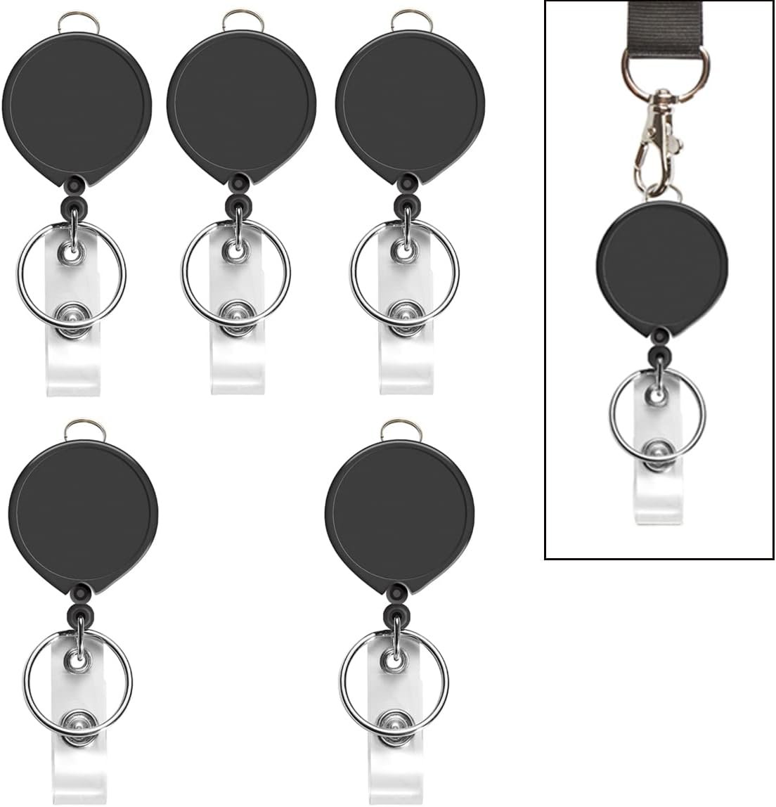 5 Pack Black Retractable Badge Reels for Lanyards,Nurses,Badge Holder,Reel Retractable with Metal Ring, with Clip - Image 5
