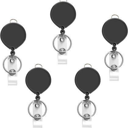 5 Pack Black Retractable Badge Reels for Lanyards,Nurses,Badge Holder,Reel Retractable with Metal Ring, with Clip