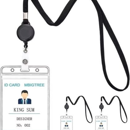 3 Pack Lanyard with ID Holder Sets - Flat ID Lanyard with Retractable Badge Reel & Heavy Duty Clear Vertical ID Card Name Badge Holder (Black,3 Pack)