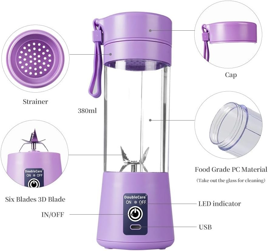 Portable Blender Cup,Electric USB Juicer Blender,Mini Blender Portable Blender For Shakes and Smoothies, juice,380ml, Six Blades Great for Mixing,light purple - Image 4