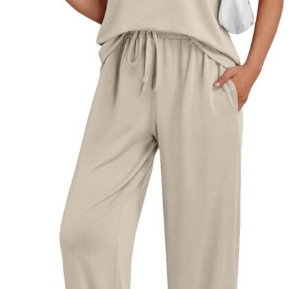 AUTOMET Women's Mock Neck 2 Piece Lounge Set Matching Summer Loose Fit Wide Leg Pants Set