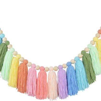 DrCor Pastel Rainbow Tassel Garland – Handmade Colorful Yarn Bunting Banner for Spring Classroom, Nursery, Kids Room, Baby Shower, Birthday Party, Back to School, Office Decor