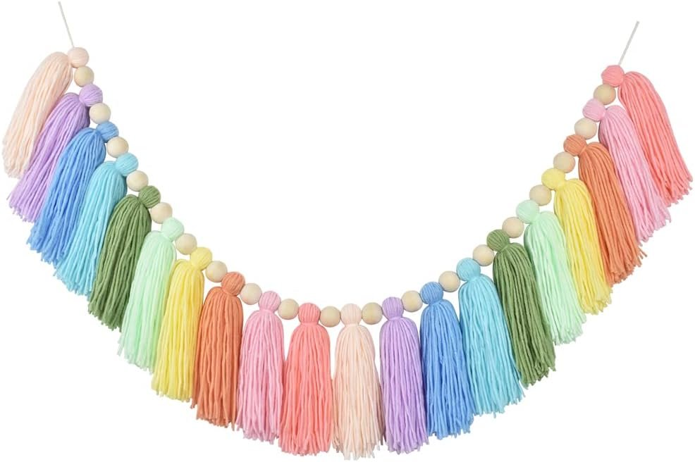 DrCor Pastel Rainbow Tassel Garland – Handmade Colorful Yarn Bunting Banner for Spring Classroom, Nursery, Kids Room, Baby Shower, Birthday Party, Back to School, Office Decor
