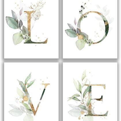 Love Botanical Simple Life Green Leaf Painting Bathroom Wall Decor Art Print Set of 4(8”X10”), Boho Leaf Eucalyptus Wall Décor, Watercolor Modern Bohemia Botanical Floral Leaves Kitchen Plant