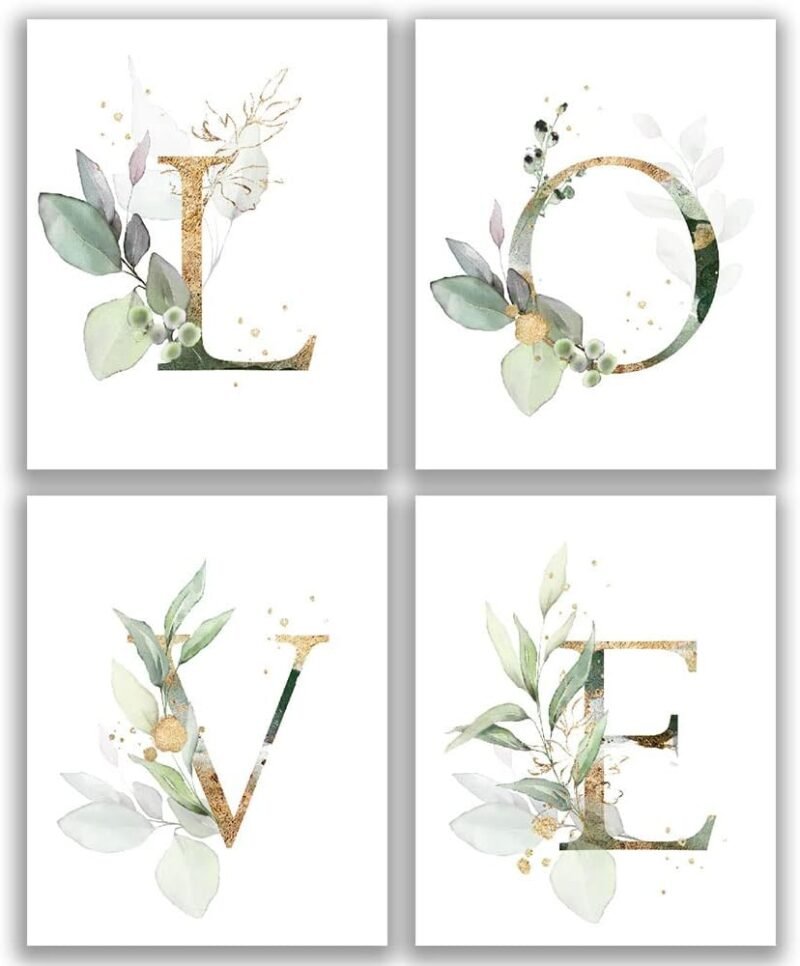 Love Botanical Simple Life Green Leaf Painting Bathroom Wall Decor Art Print Set of 4(8”X10”), Boho Leaf Eucalyptus Wall Décor, Watercolor Modern Bohemia Botanical Floral Leaves Kitchen Plant