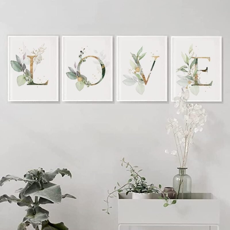Love Botanical Simple Life Green Leaf Painting Bathroom Wall Decor Art Print Set of 4(8”X10”), Boho Leaf Eucalyptus Wall Décor, Watercolor Modern Bohemia Botanical Floral Leaves Kitchen Plant - Image 2