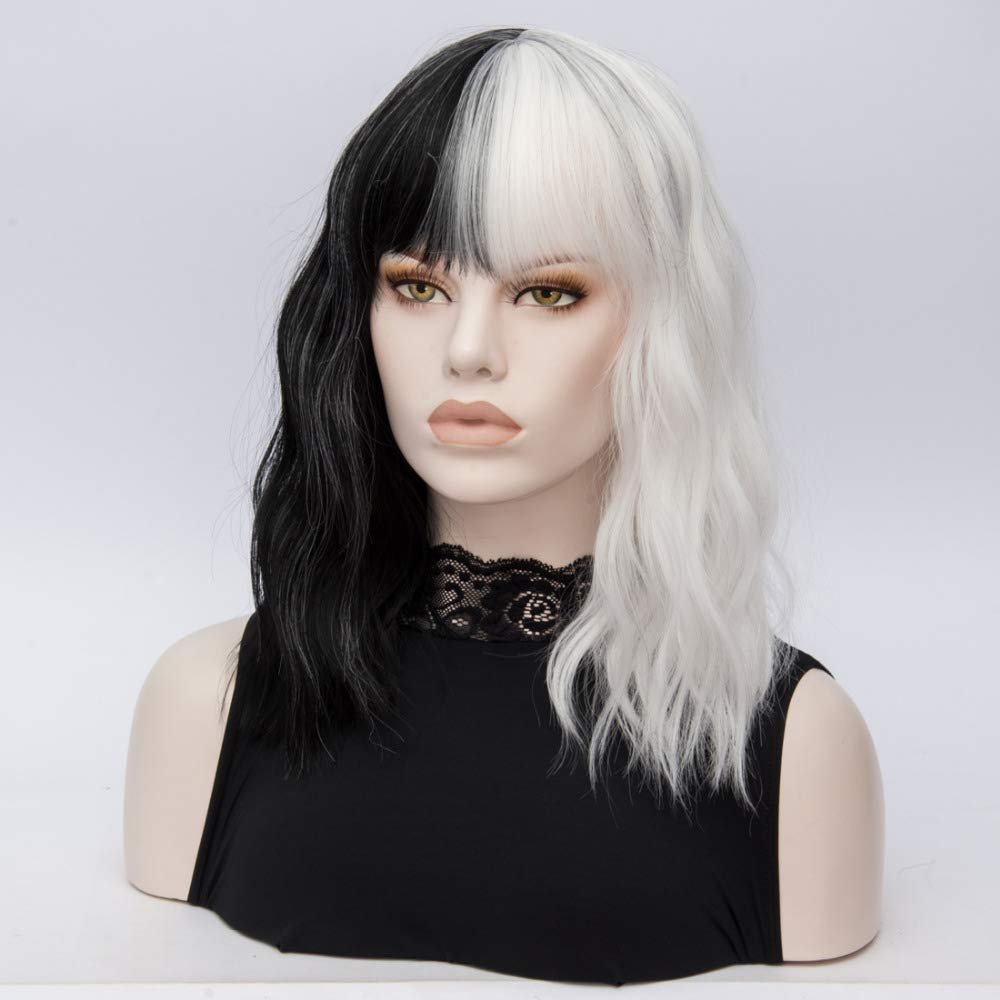 QACCF Short Wavy Shoulder Length Women Full Bang Heat Resistant Wig (Black and White) - Image 4