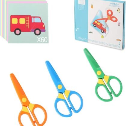 3-Pack Toddler Safety Scissors Kit - Child-Safe Preschool Training Scissors & 60 Sheets Paper Cutting | Ergonomic Blunt Tips, Early Childhood Development Tools for Kids 2-5 Years