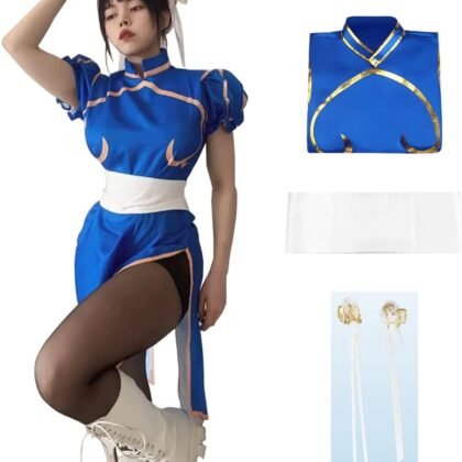 Game Fighter Cosplay Chun Li Cosplay Blue Cheongsam Battle Dress Halloween Costumes For Adults